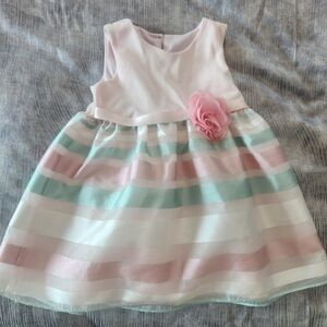 Toddler Girl Pink and Mint Striped Party Dress with Floral Accent